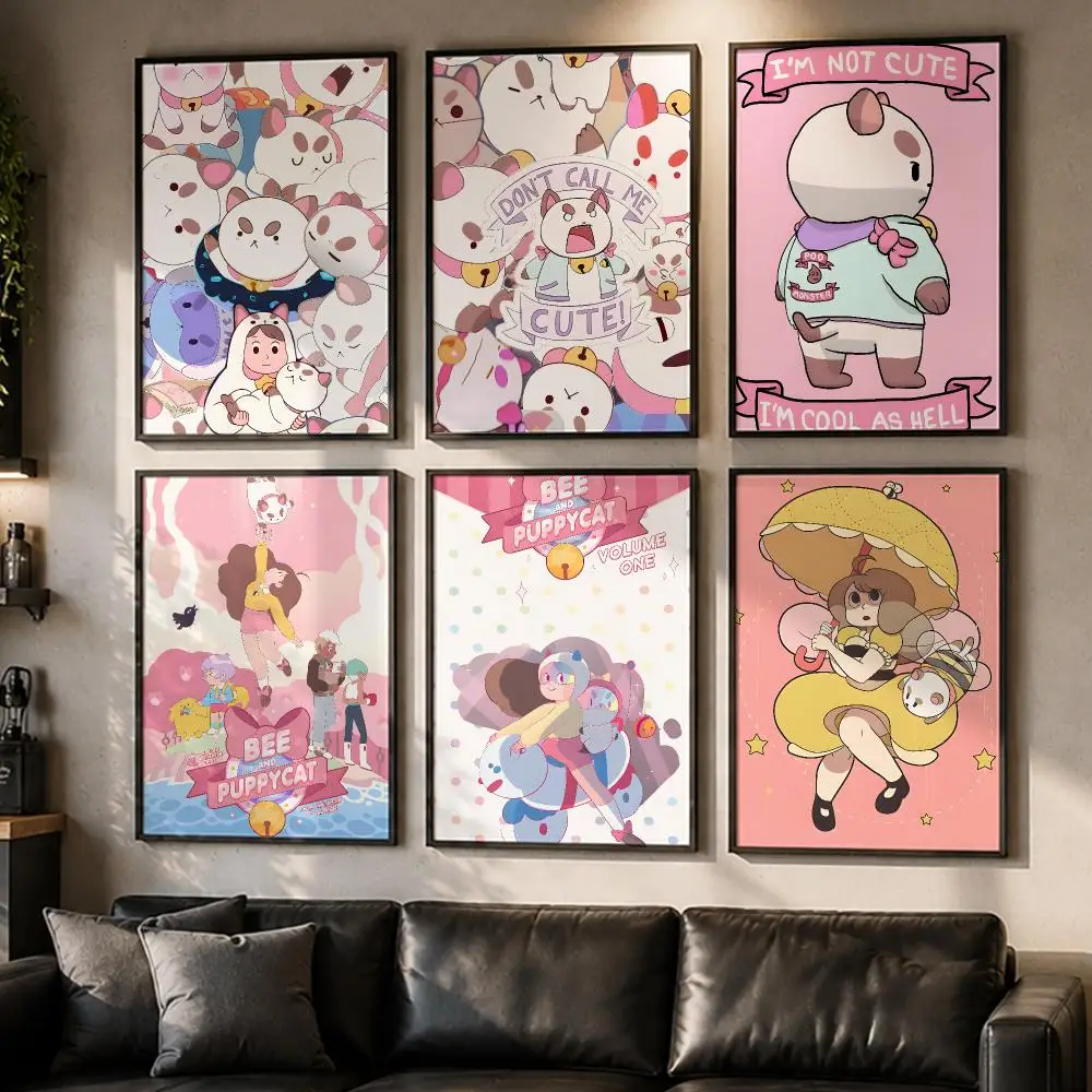 Cute Anime Bee and PuppyCat Poster No Glue Residue Self-Adhesive Art Poster Wall Decor for Bedroom Living Room