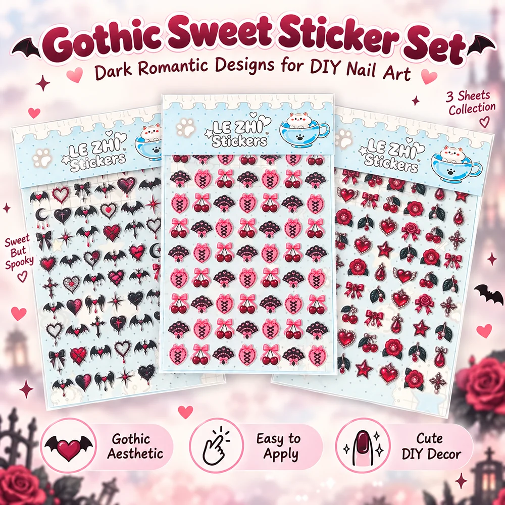 Gothic Nail Art Sticker Dark Romantic Heart Bat Cherry Bow Design Aesthetic Decals DIY Manicure Decoration Scrapbook Accessories