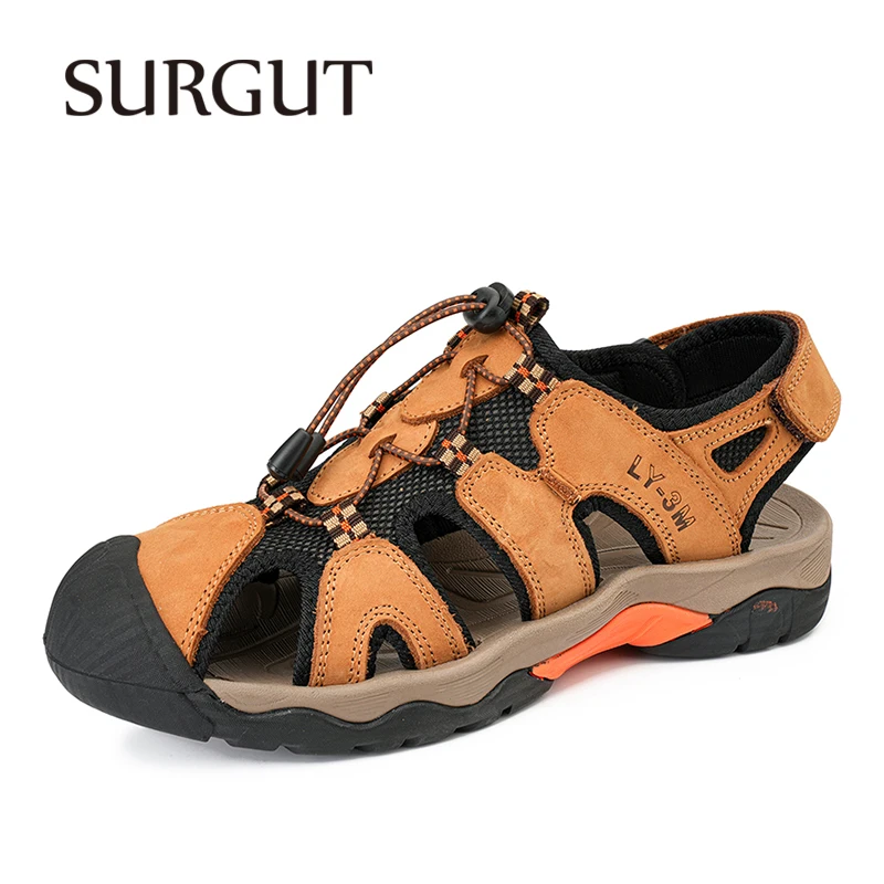 

SURGUT Men Closed Toe Sport Sandals Genuine Leather Mesh Upper Non-Slip Rubber Sole Beach Casual Shoes For Summer