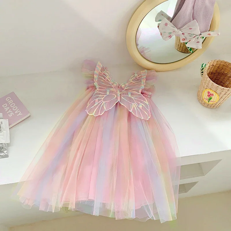 Summer Girls\' Princess Party Birthday Dress Back Bow Wings Fairy Strap Embroidered Butterfly Mesh Dress Rainbow Baby Clothes