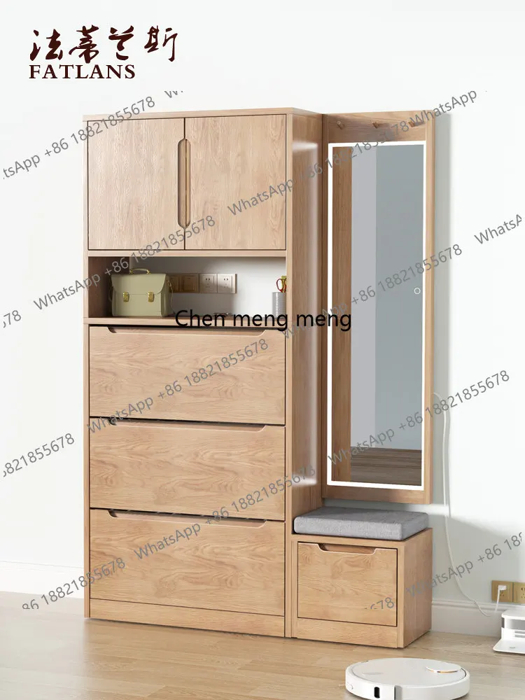Log, high vertical entrance with mirror, coat rack, shoe changing stool, integrated shoe cabinet, tipping bucket type