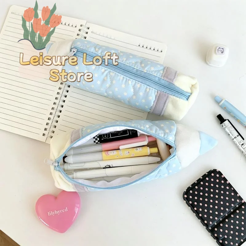 Cute Pencil Shaped Plush Pencil Case Star Print Soft Multi Functional Storage Bag For Students Daily School Stationery Storage