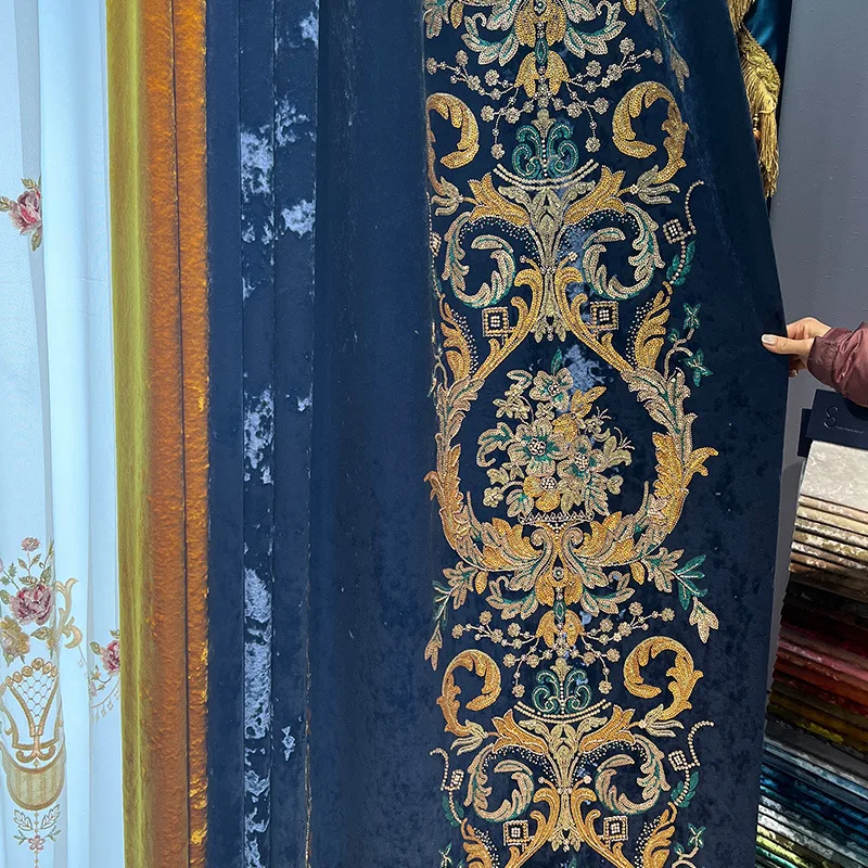 Customized European Style Villa Blue Embroidery Screen Velvet Splicing Thickened Curtains for Living Room Bedroom French Window