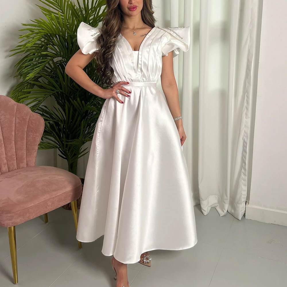 

Customized Classic A-Line Ankle Length V-Neck Satin Short Sleeves Pleats Evening Dress Elegant Photo Color vestidos para mujer