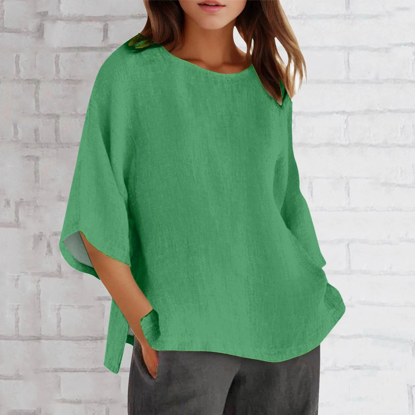 Camisas de algodón de Color liso para mujer, Blusas de manga larga para oficina, Tops verdes bohemios coreanos para mujer