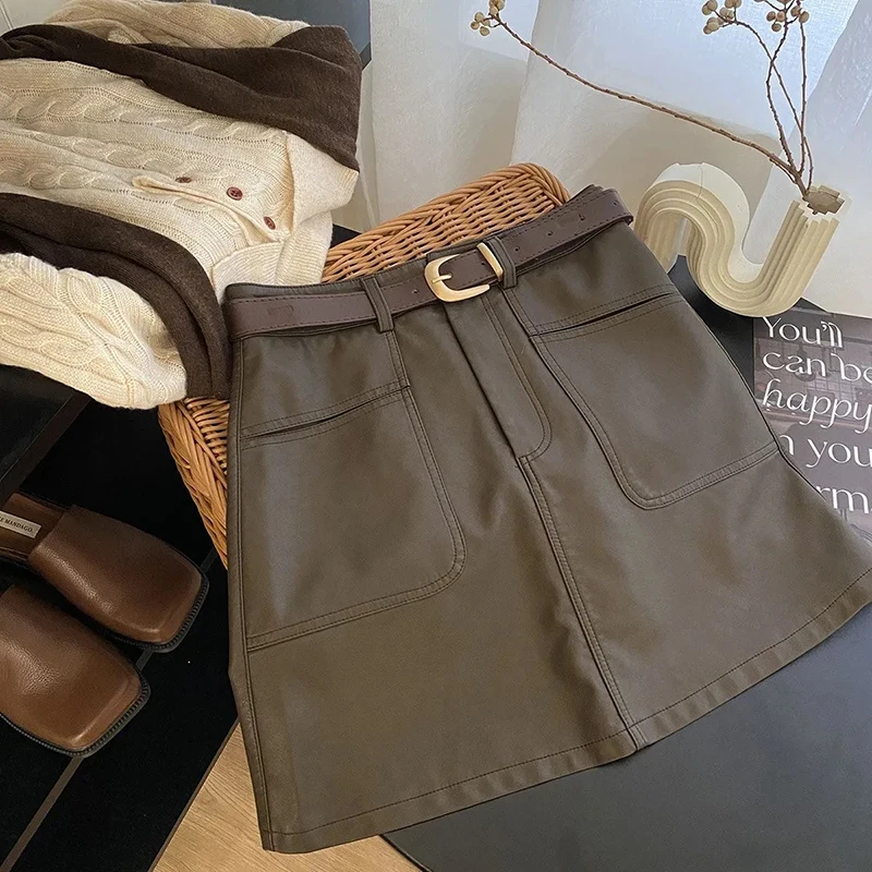 Mini jupes Cargo en cuir Pu pour femmes Y2K automne Streetwear avec ceintures décontracté une ligne jupe coréenne taille haute solide jupe décontractée