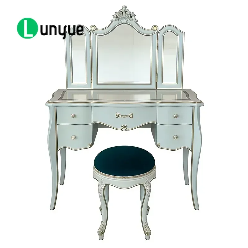 Rococo Style Gold Plated Engraved Tri Fold Mirror Vanity Dresser With Stool Elegant Makeup Table For Bedroom Home Decor