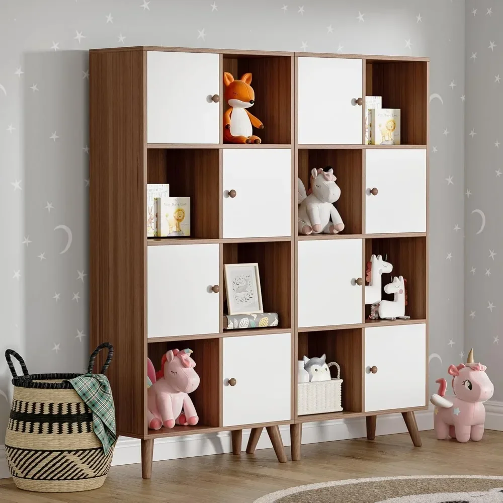 

%a Brown and White 8 Cube Organizer Set of 2, Wooden 16 Cubby Display Bookcase, 4-Tier bookshelf with Doors, Storage Cabinet