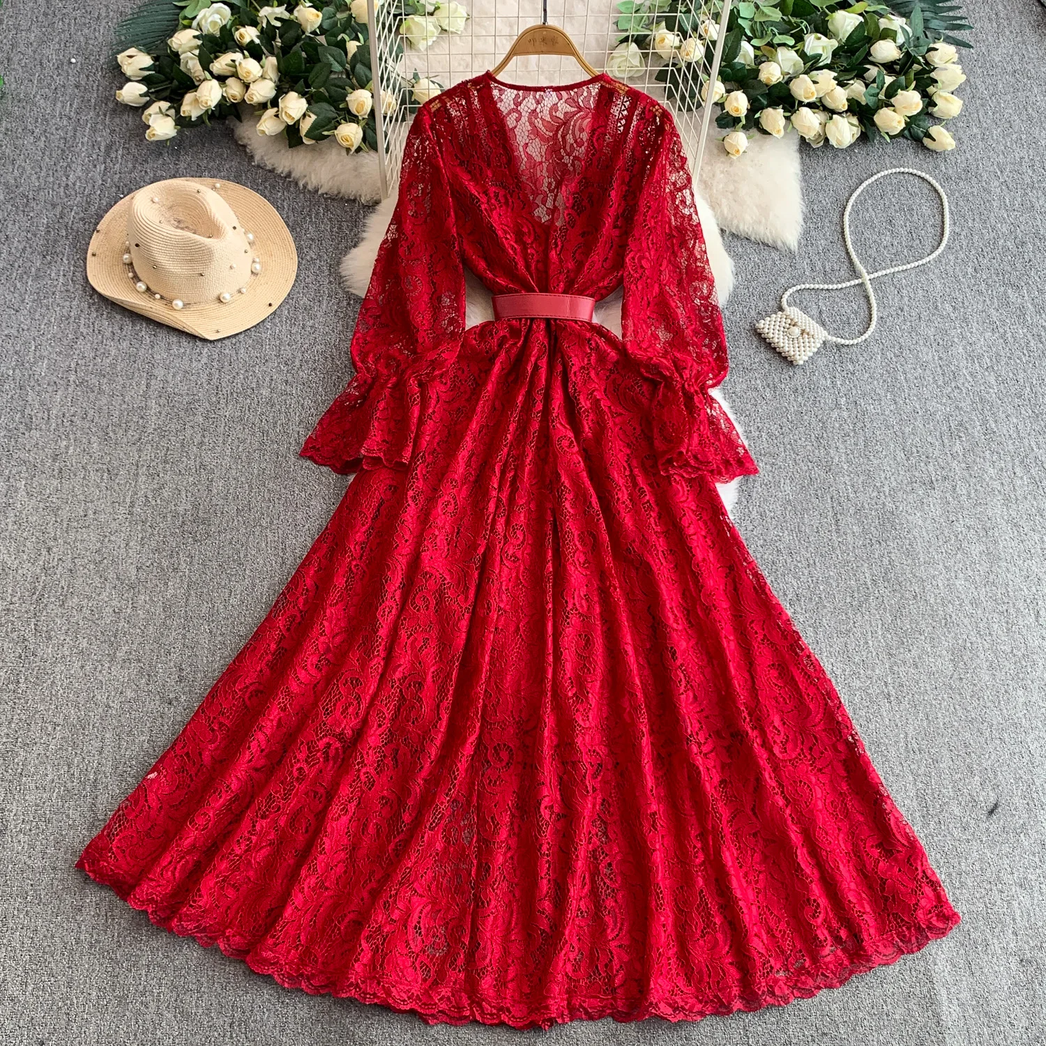 Abito vintage chic a maniche lunghe con scollo a V Elegante fata moda coreana Boho Sundress abbigliamento donna