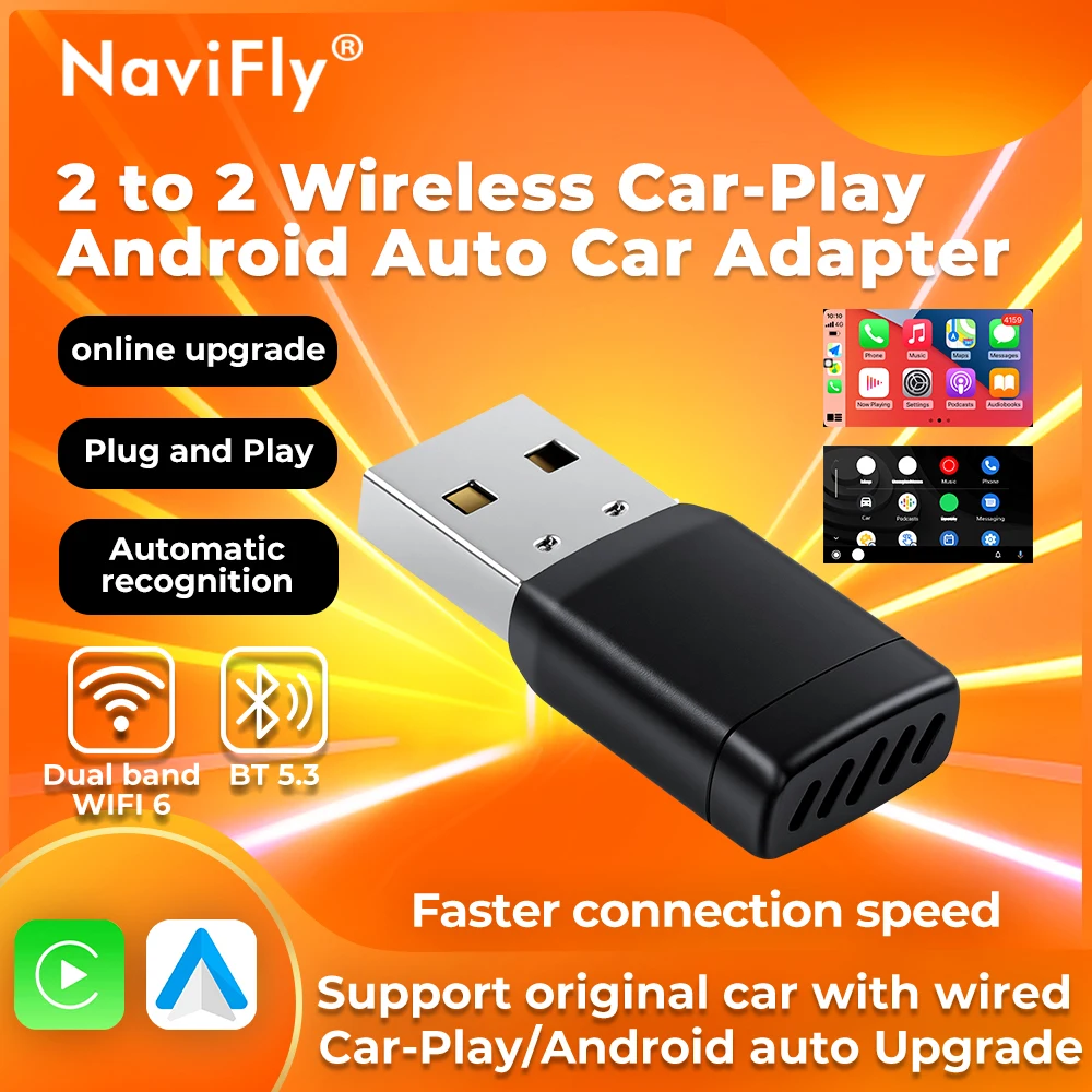 

Navifly Новый беспроводной адаптер CarPlay Android 2025 для умного автомобиля Plug & Play Голосовое управление BT 5.3 WiFi USB-совместимость 98% автомобиля