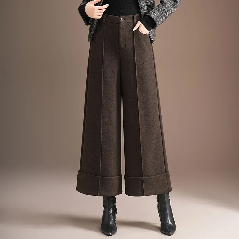 

Утепленные шерстяные повседневные брюки женские с высокой талией, свободные, широкие, укороченные (7/8), осенне-зимние, кофейного цвета, с отворотами, свободного кроя