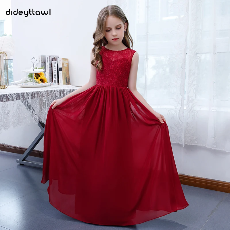 Dideyttawl laço vermelho chiffon sem mangas vestidos da menina de flor 2022 o pescoço a linha longa criança aniversário pageant festa vestidos