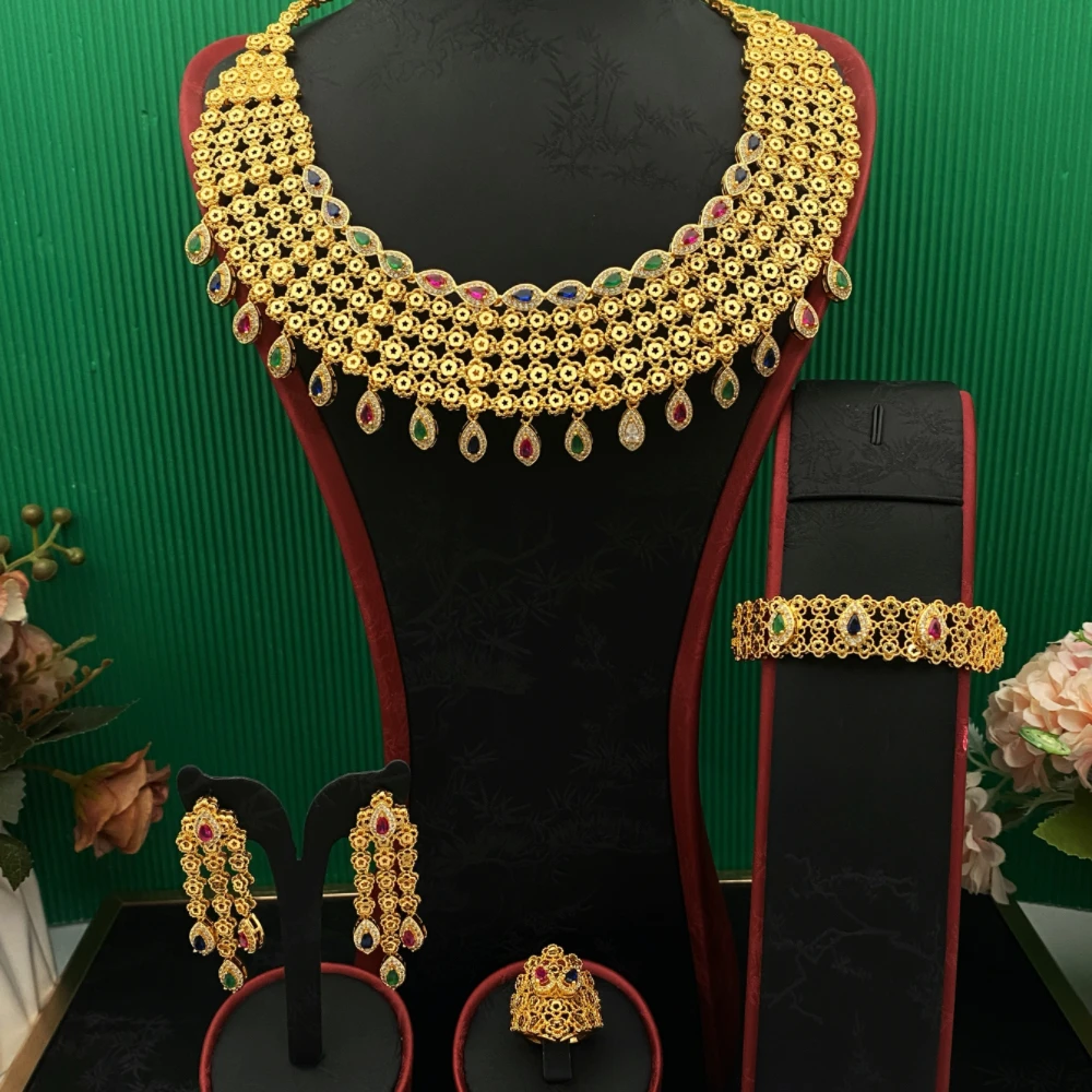 

JRH позолоченный латунный женский комплект ювелирных изделий с имитацией циркония в нигерийском стиле, повседневное вечерние ожерелье, серьги, аксессуар для колец