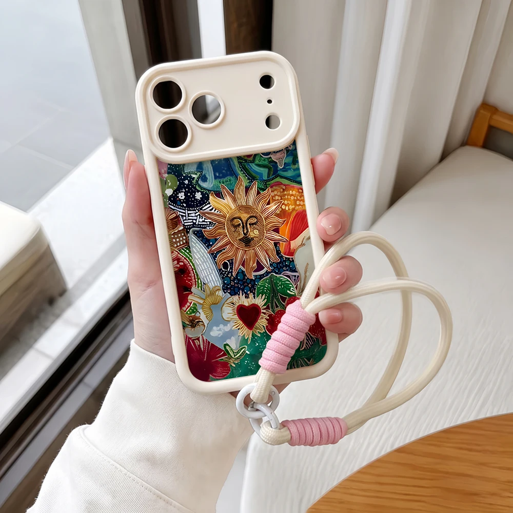Handyhülle für iPhone 12 13 14 15 16 17 Pro Max 16 15 14 Pro Plus 17E Bohemian Tarot Sun Lanyard Stoßfeste Matte Silikonhülle – Detail 4