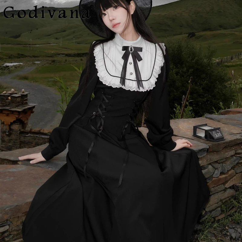 الخريف التصميم الأصلي لوليتا فستان المرأة الفرنسية الرجعية أنيقة الخصر Cinching فستان الإناث النمط الياباني الدانتيل فستان طويل