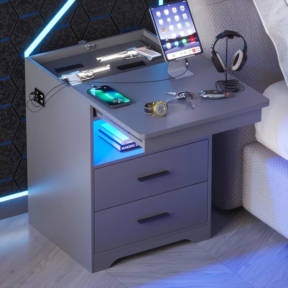 

LED Nightstand with Gun Drawer, Modern Beside Table with Charging Station, Auto Sensor 3 Color Dimmable Night Stand