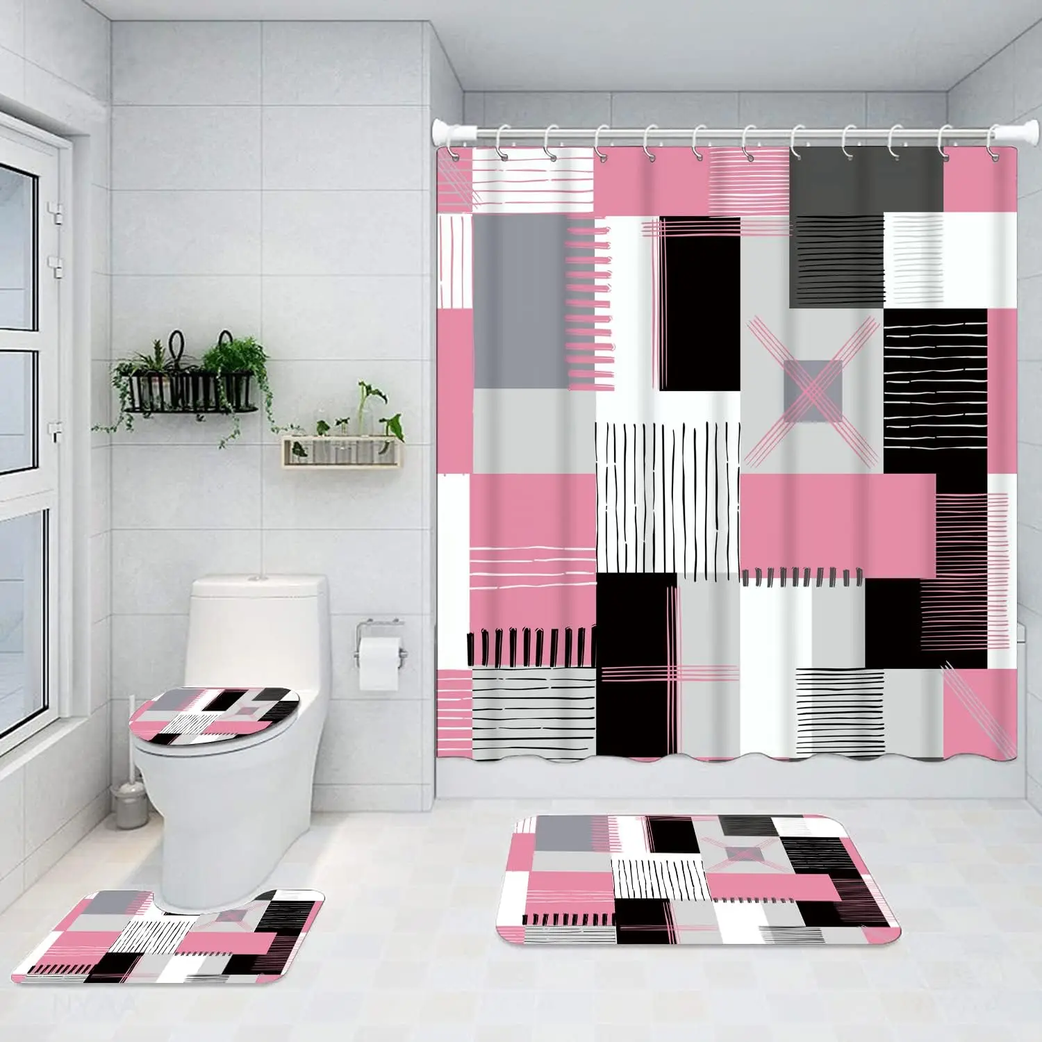 

pink shower curtain suit with shower curtain and carpet modern household bathroom decoration accessories toilet lid cover