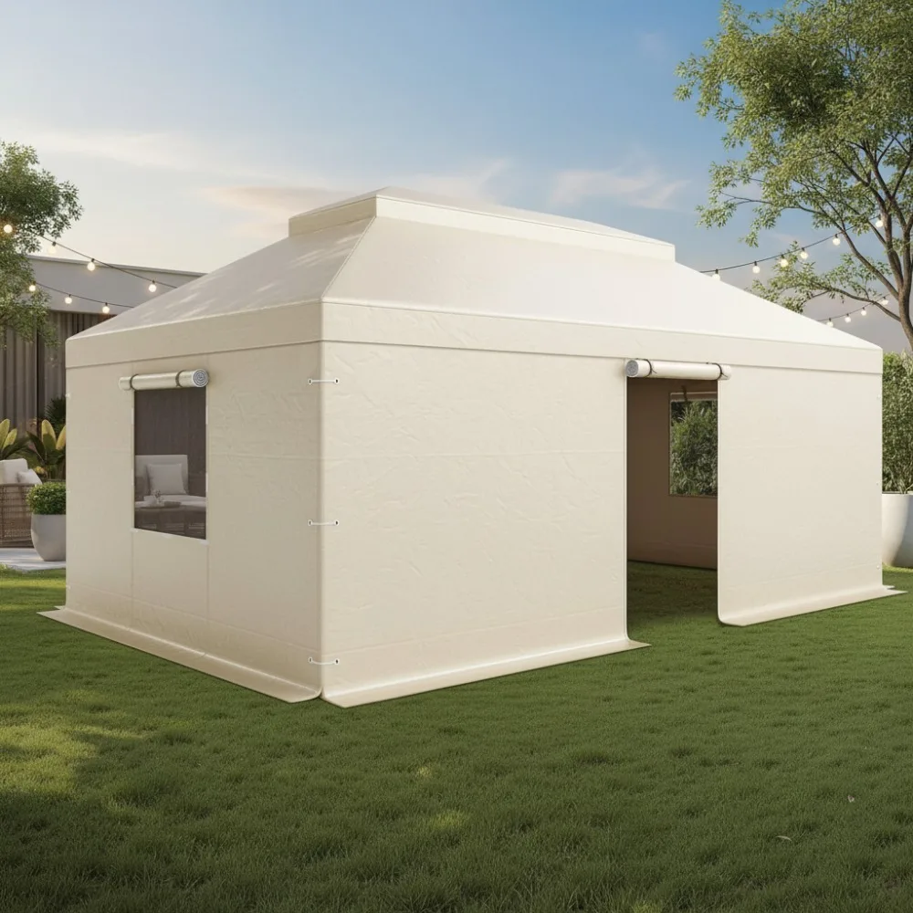 غطاء أكشاك شتوي مقاس 12 × 20 قدمًا، مأوى من البولي إيثيلين مزدوج الطبقات لجميع الأحوال الجوية مع نوافذ شبكية وجدران جانبية للمراقبة الصلبة