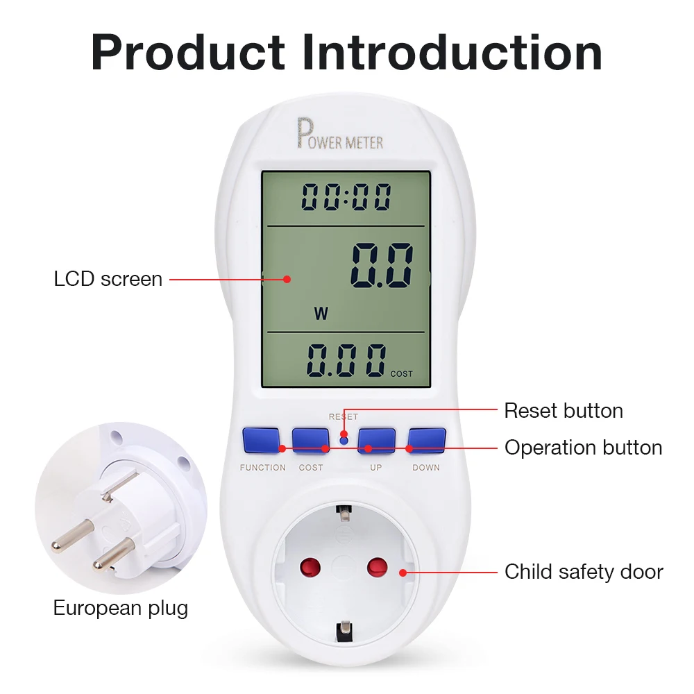 Medidor de consumo eléctrico con enchufe y pantalla LCD