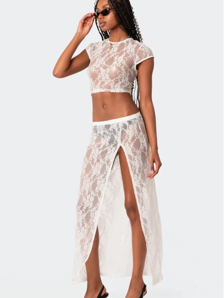 JULISSA MO 2023 Lace See Through Two Piece Set Bandage Backless Crop Top And Side Split Long Skirt Sext Women Slim Sexy Outfits