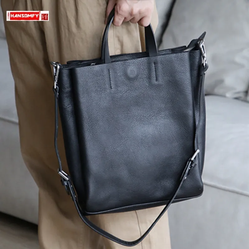 Genuine Leather Men's Handbags Single Shoulder Messenger Bag Soft Black Cowhide Brand Crossbody Bag Casual Tote Bags 2024 New