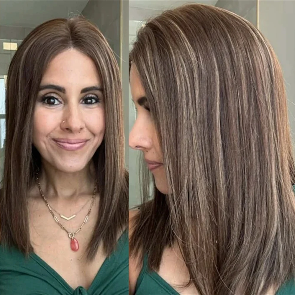 

Синтетический парик с кружевной передней частью 13x4, прямой, с коричневыми прядями, длинный боб, предварительно выщипанный, 18 дюймов, термостойкое волокно