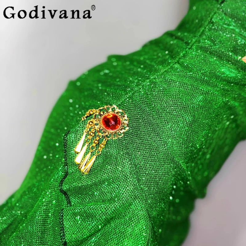 Abito da principessa verde originale fatto a mano per donna Abito sexy a coda di pesce avvolgente a vita alta Abito Lolita senza maniche femminile