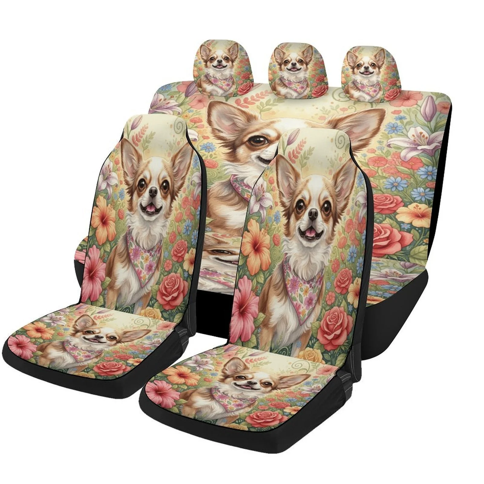 Set Of Car Seat Covers Featuring A Floral Chihuahua Design, Suitable For Various Vehicles. Stylish And Durable, This Complete Se