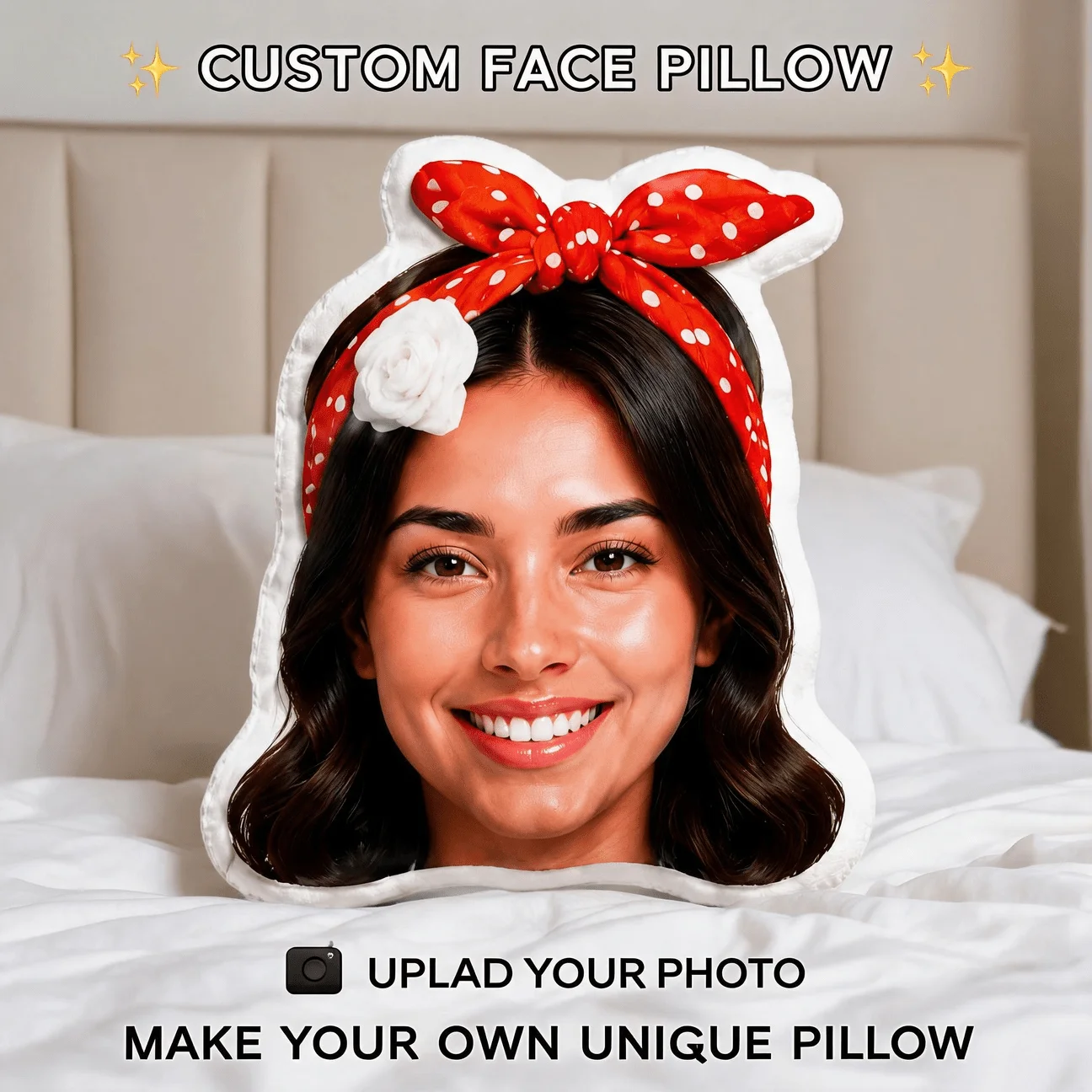 Custom Personalized Photo Face Pillow, Smiling Woman with Red Polka Dot Bow Custom Shaped Decorative Cushion, 70CM Home Decor Ac