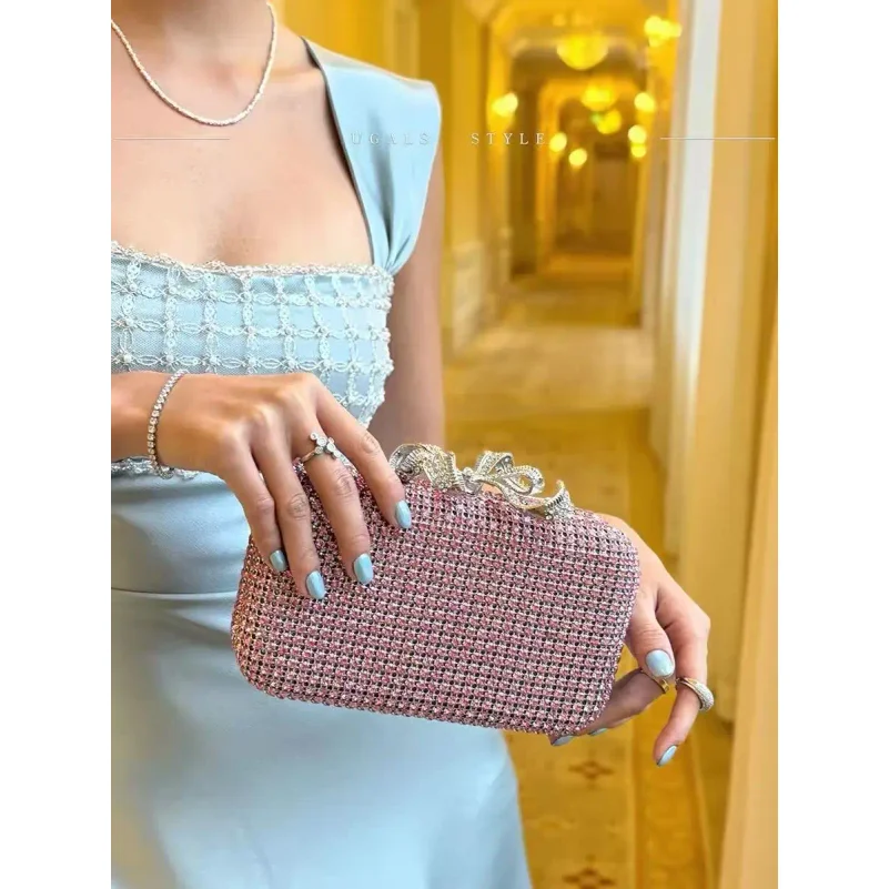 Glitter Metallic Bow Knot Evening Bag Wedding Party Exquisite Clutch Purse Women Handbag Crystal Rhinestones Diamond Banquet Bag