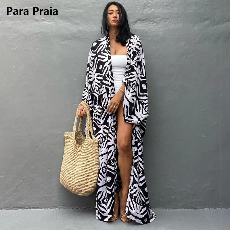 Para Praia-vestido largo tipo Kimono Para mujer, traje de baño holgado tipo cárdigan con estampado de murciélago, ropa de playa