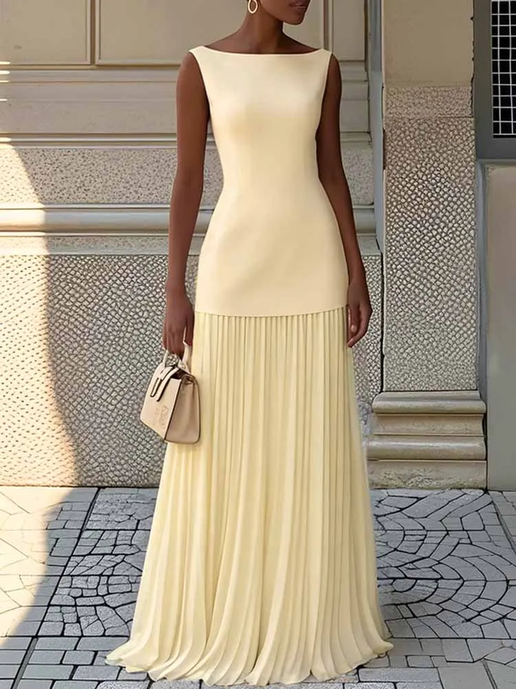 

MCDV Elegant Long Skirt Two Piece Set Women 2025 Summer Fashion O-Neck Sleeveless Top + Pleated Skirt Lady Party Vacation Outfit