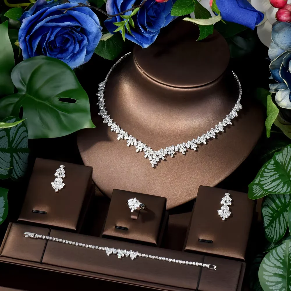 

HIBRIDE Fashion Translucent Maple Leaf Jewellery Set Necklace Earrings AAA Zirconia Bridal Wedding Banquet Accessories S-216