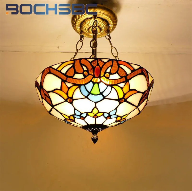 BOCHSBC Tiffany style stained glass European Baroque inverted pendant light for living room bedroom restaurant aisle LED decor