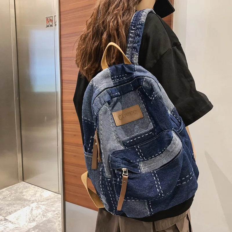 Vintage Denim Women's Backpack Large Capacity School Bag For Girls Fashion Casual Female Travel Backpack