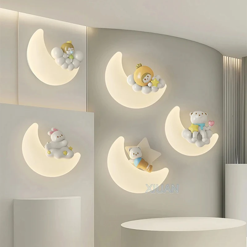 Romantic Moon Wall Lamp for Child Kids Bedroom Bedside Indoor Lighting Animal Cartoon Angel Girl Bear Wall Light Eye Protection