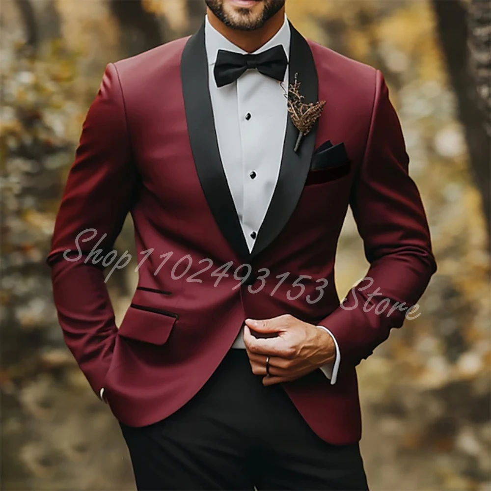 

Burgundy Jacket Black Pants Formal Wedding Elegant Men Suits Groom Tuxedo High Quality Custom 2 Piece Set Costume Homme Mariage