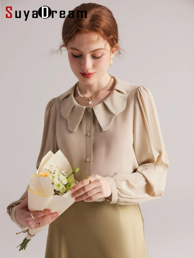 

SuyaDream, Women Solid Shirts, 100%Real Silk, Puff Sleeves, Peter pan Collar, Chic Blouses, 2024 Spring Summer Office Lady Top
