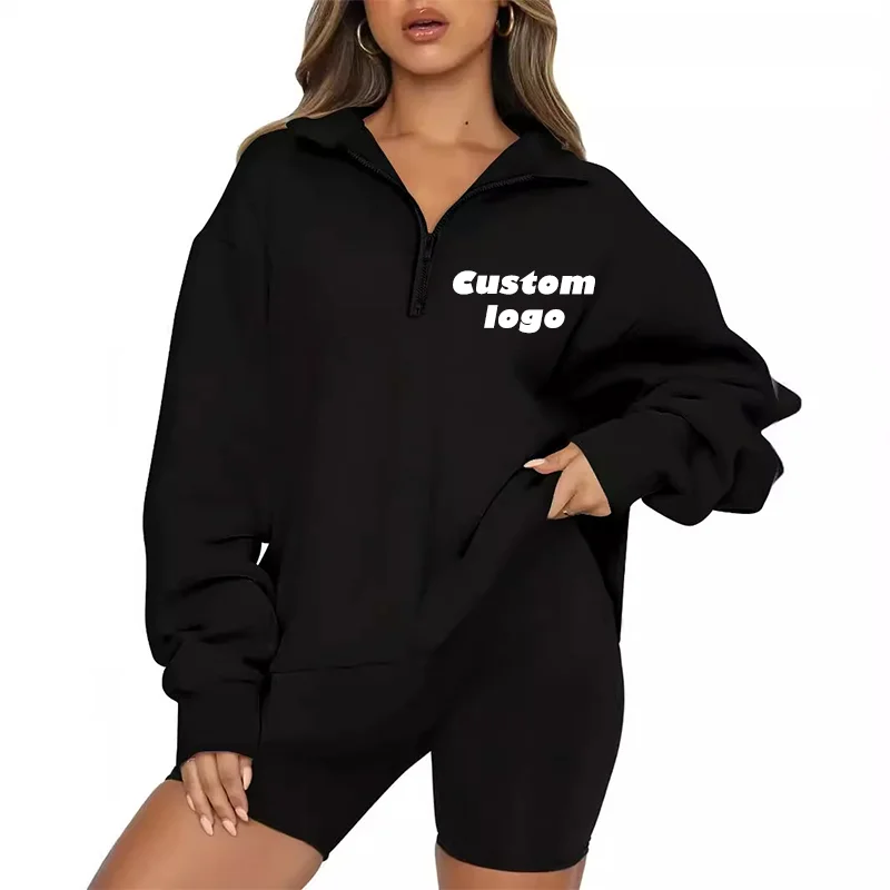 Custom LOGO Women\'s Stand Collar Pullover Simple Unprinted Zipper Sweatshirt Casual Loose Sportswear Hoodie Street Style Women