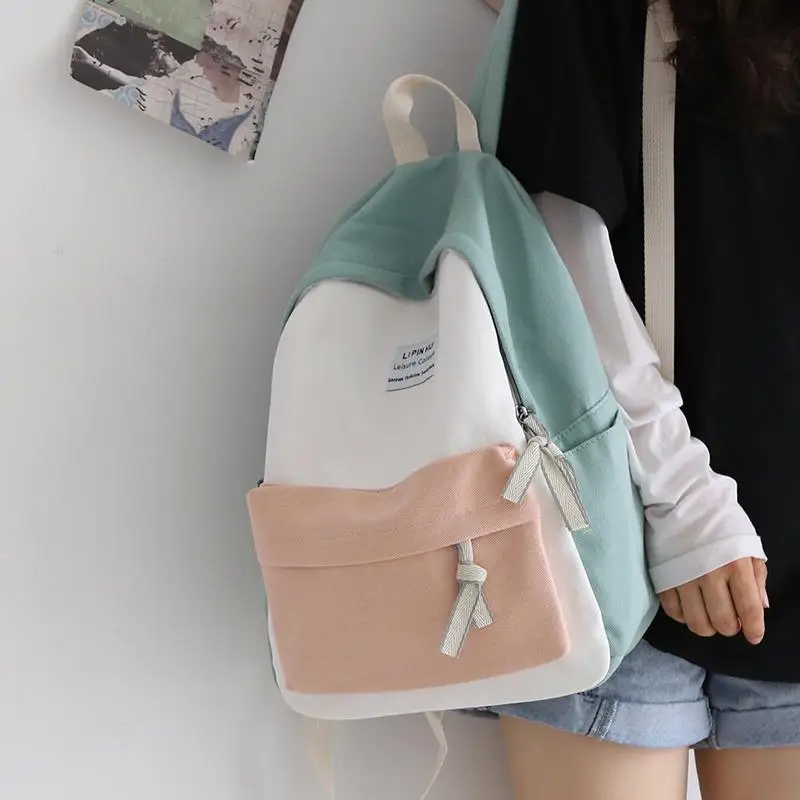 New Canvas Backpack for Girls Junior High School Patchwork Color Block  College Style Korean Simple High Aesthetic Dual ...