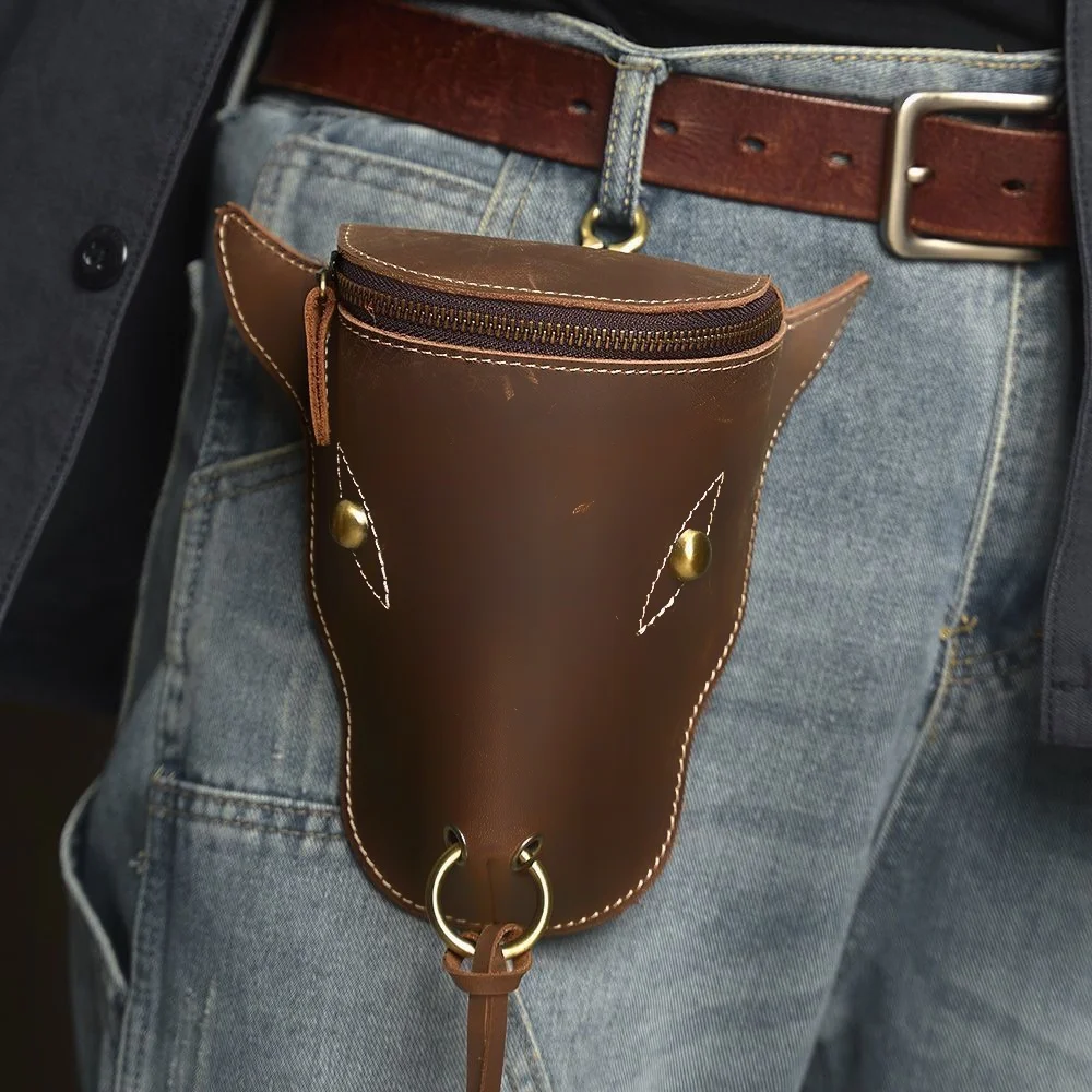 Men's Retro PU Leather Bull Head Hanging Waist Bag Trendy Cool Mobile Phone Change Belt Bag