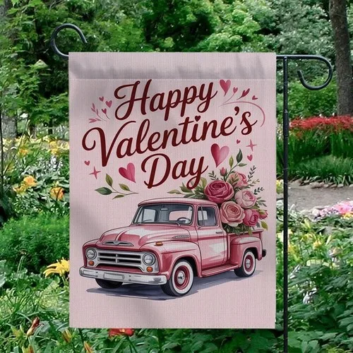 Happy Valentine's Day Garden Flag Pink Truck Flower Rose Outdoor Yard Decoration IIX WZZ yyi