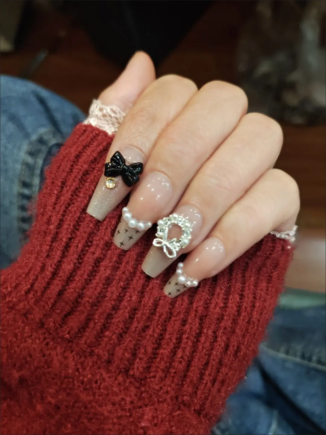 

10 шт. розовые длинные накладные ногти с бантом и бриллиантами, жемчугом, 3d дизайн, накладные ногти с милой женщиной, корейские накладные ногти своими руками