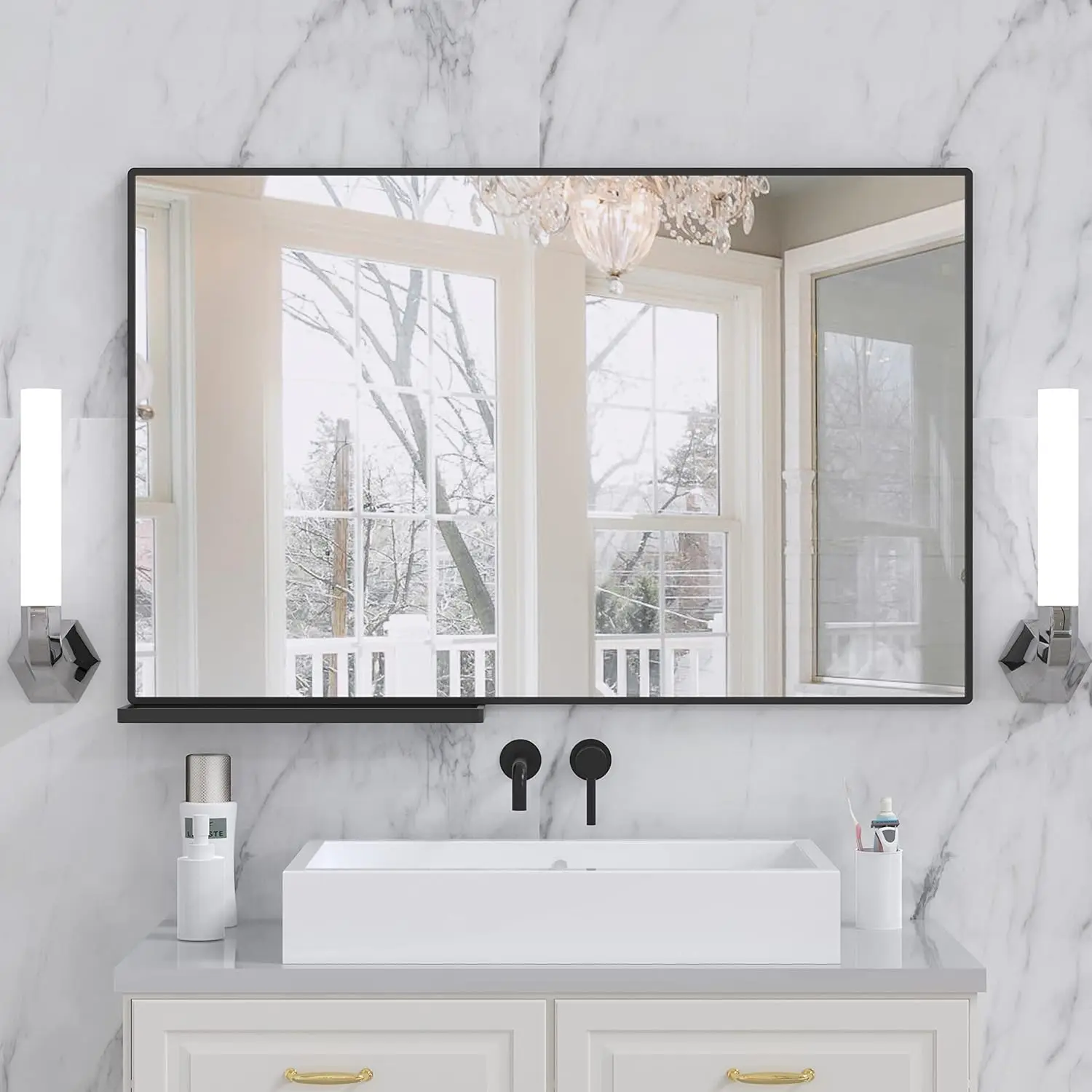 Black Bathroom Mirror with Aluminum Frame and Shelf, Hanging Mirror for Wall Horizontally