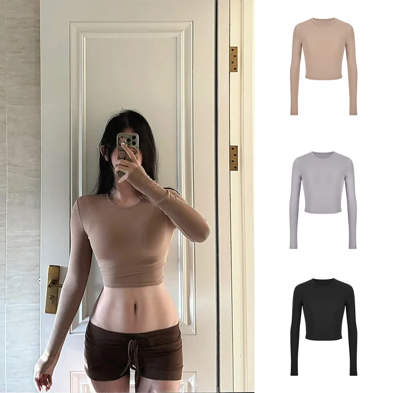 MosesQueen American Retro Hot Girl Long Sleeve T-Shirt Slim Fit Belly Button Short Top Ladies Casual Style Nylon Fabric