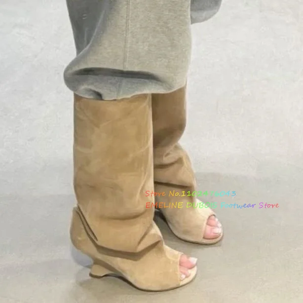 Fish Mouth Strange Heel Knee High Boot for Women Beige Suede High Heel Slip On Comfort Banquet Party Dress 2024 Winter Boot