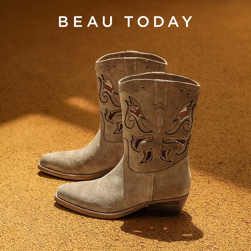 

BEAUTODAY Cowboy Boots Women Cow Suede Leather Sewing Hollow Out Fashion Western Style Ladies Mid-calf Boots Handmade 06162