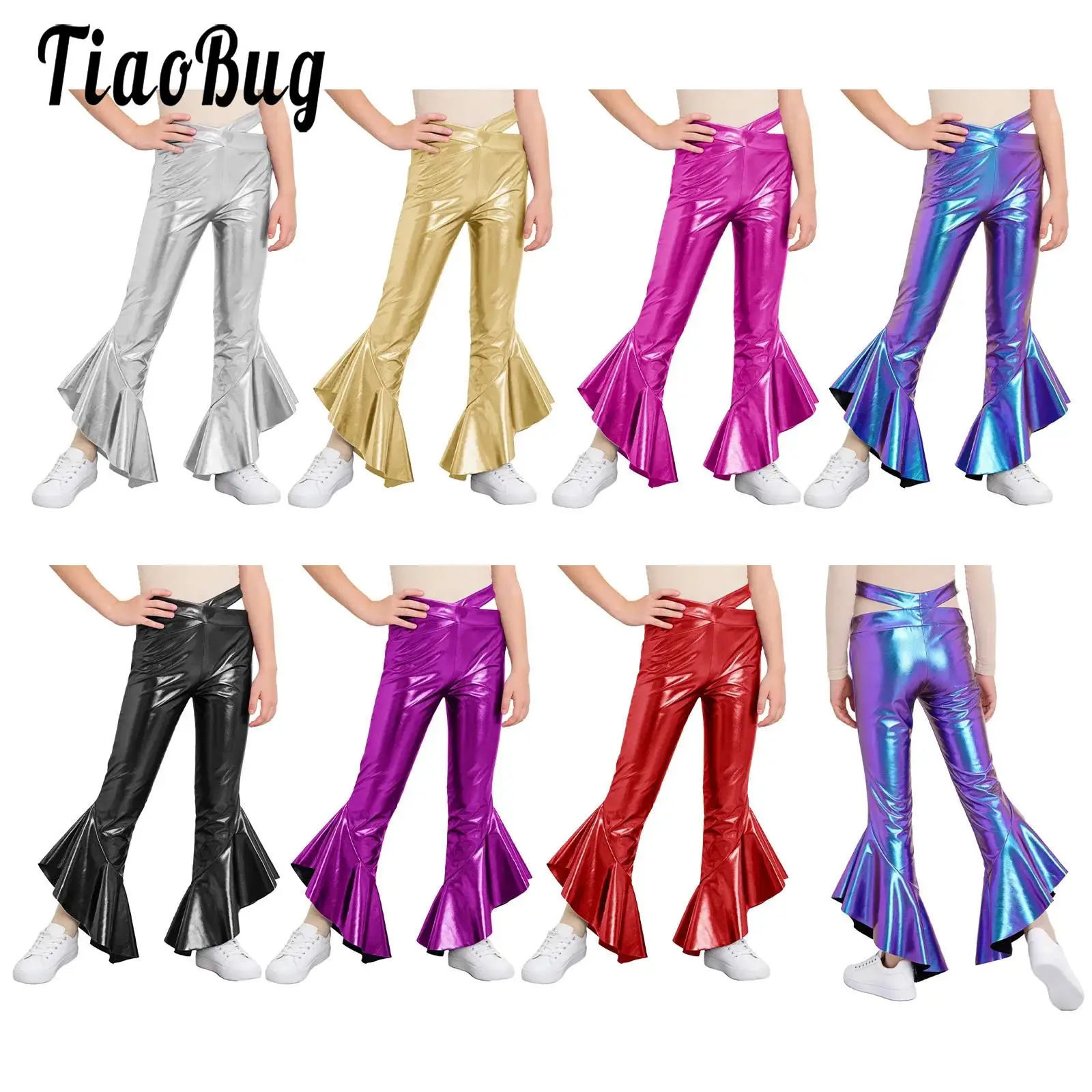 

Kids Girls Metallic Disco Flared Pants Dance Hippie Costumes Cross Waistband Ruffles Bell-Bottom Trousers for Jazz Latin Cha-cha
