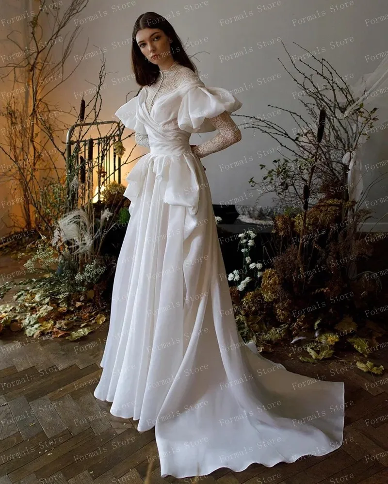 High Neck Long Sleeve Lace Chiffon Wedding Dress Floor Length Sexy Bridal Gowns Elegant Evening White Woman Clothes Free Shippin