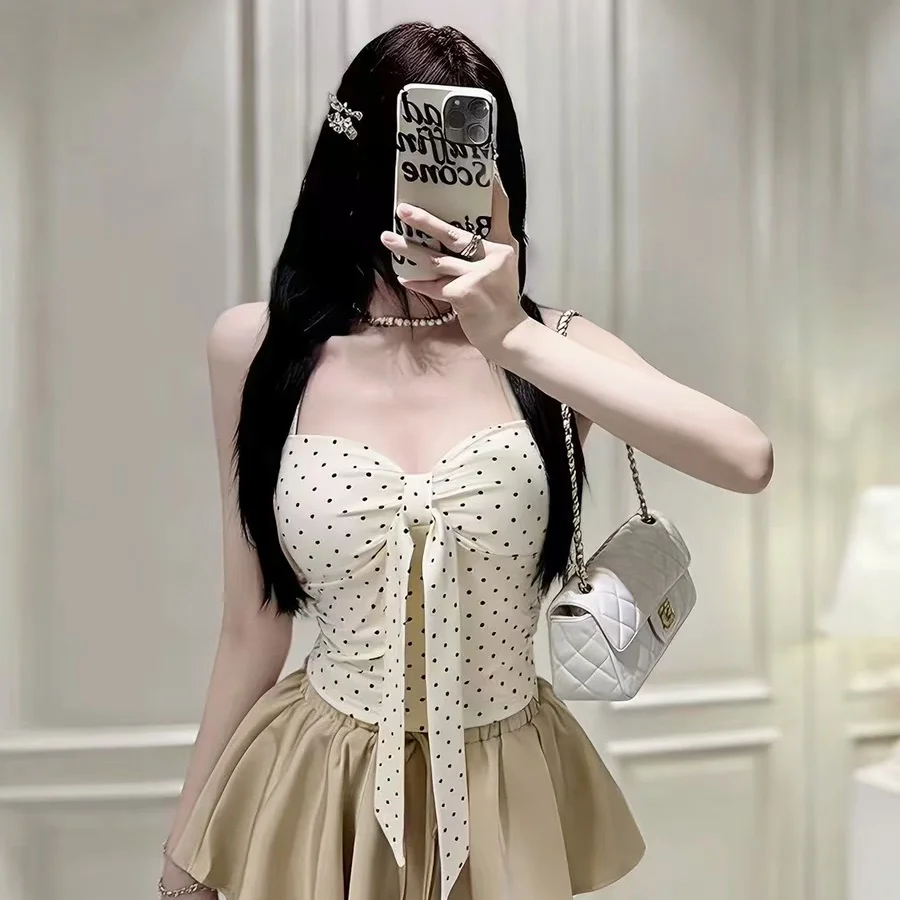 Summer New Pure Desire  Knot Polka Dot Strap Vest Women Slimming Fixed Band Chest Pad Top V-neck Short Length